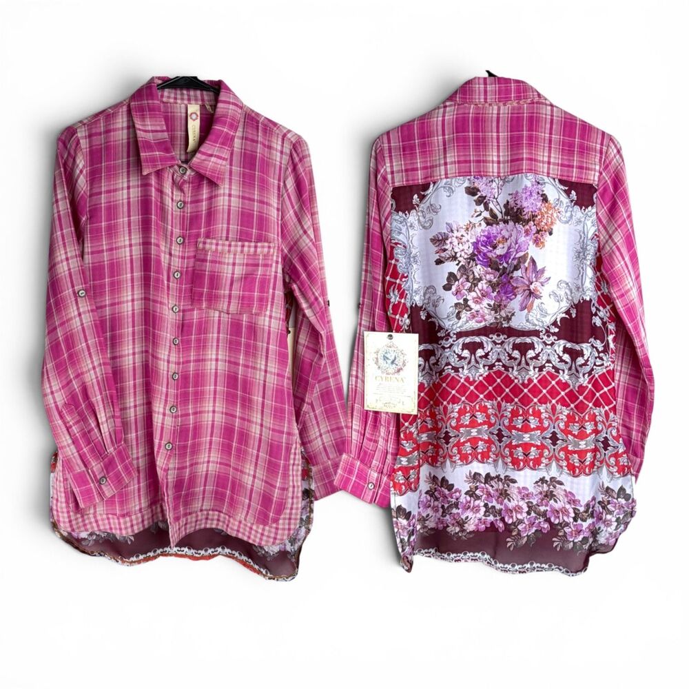 cyrena plaid floral scarf patchwork tunic shacket boho cottagecore women small
